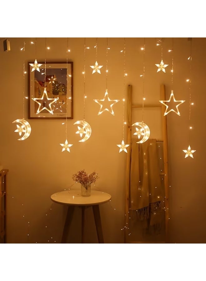 Home Care 10 Hanging Curtain Lights (3 Meter), Assorted design  High & Low Moon Hugging Stars Design, Plug Operated Warm Light, Premium Color Box Packaging - Image 1